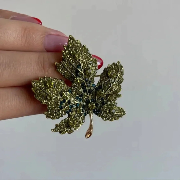 Bria Red Maple Leaf Green Crystal Brooch - Picture 3 of 8